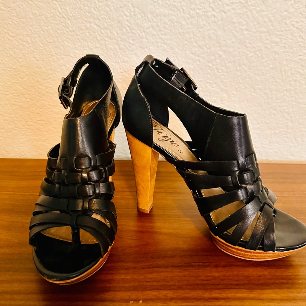 Fergie Black and Tan Strappy Heels